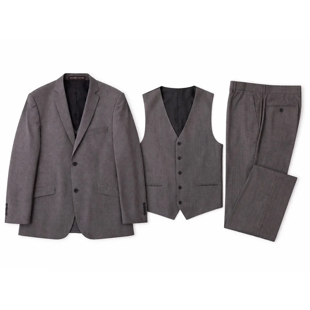 Gulliano Couture Mens 3 Piece Suit 50R Charcoal Grey Sharkskin Blazer Vest Pants